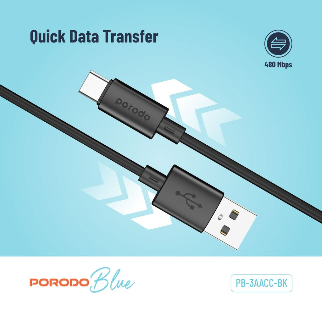 Porodo Blue 3A USB A to Type C PVC Cable 1.2M