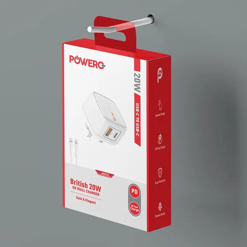 Powero+ British 20W Charger with Type C to Type C Cable