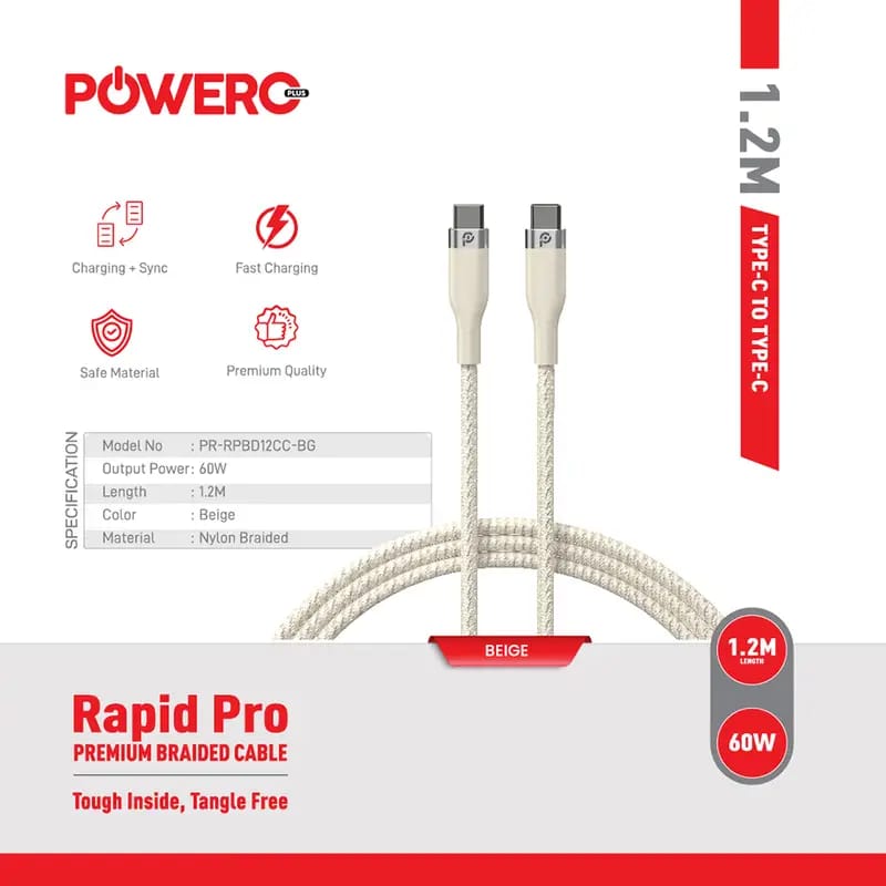 PowerO+ Rapid Pro Premium Braided Cable USB-C to USB-C 60W
