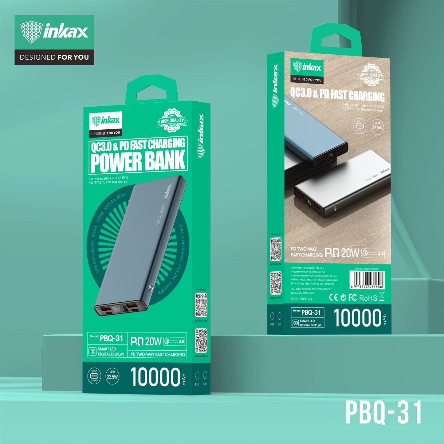 Inkax 10000mAh Fast Charging Power Bank - Gray
