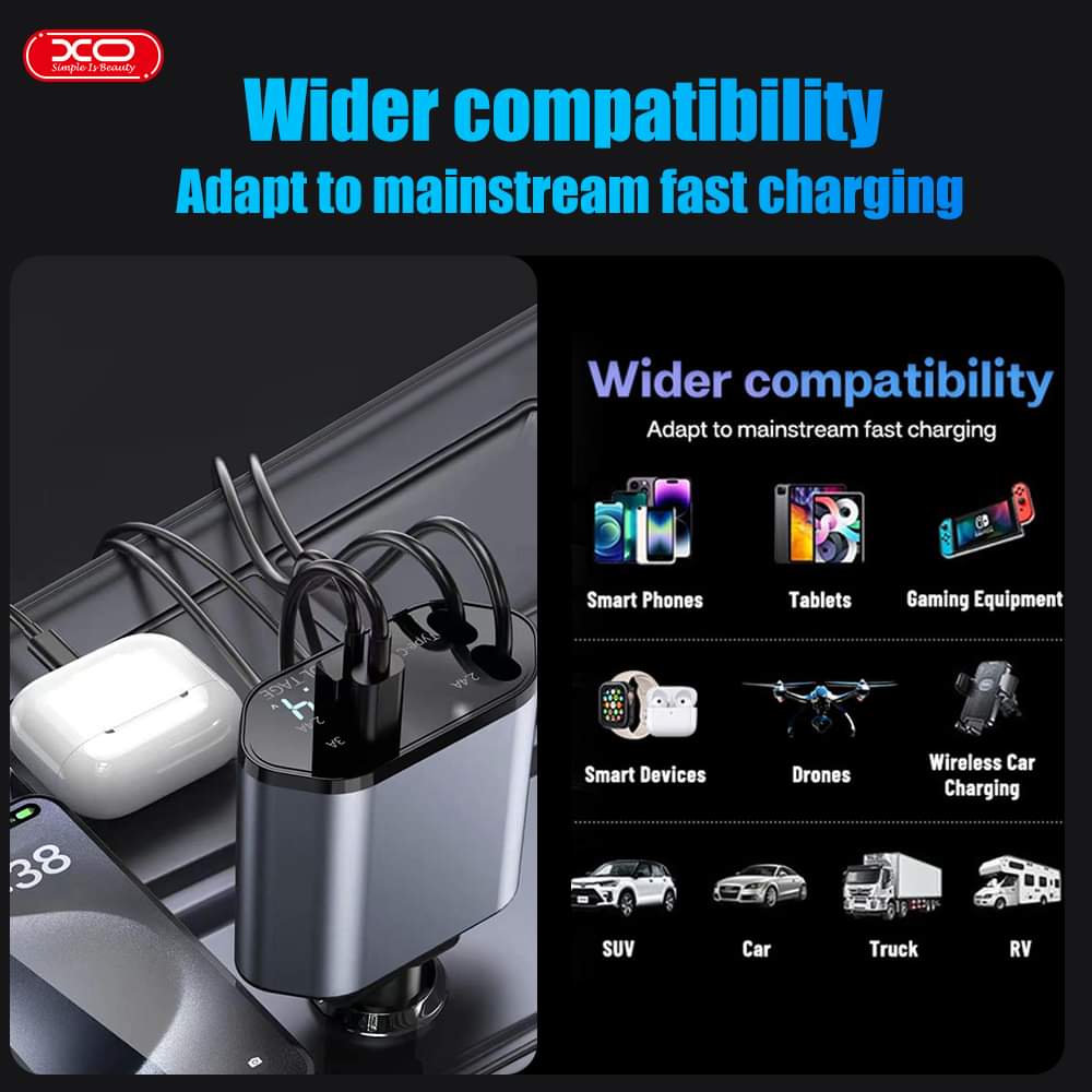 XO-CC62 Smart Metal 4-in-1 Retractable Car Charger