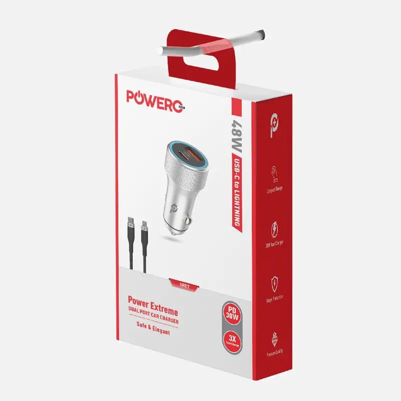 Powero+ Extreme Dual Port Car Charger with Type-C to Lightning Cable