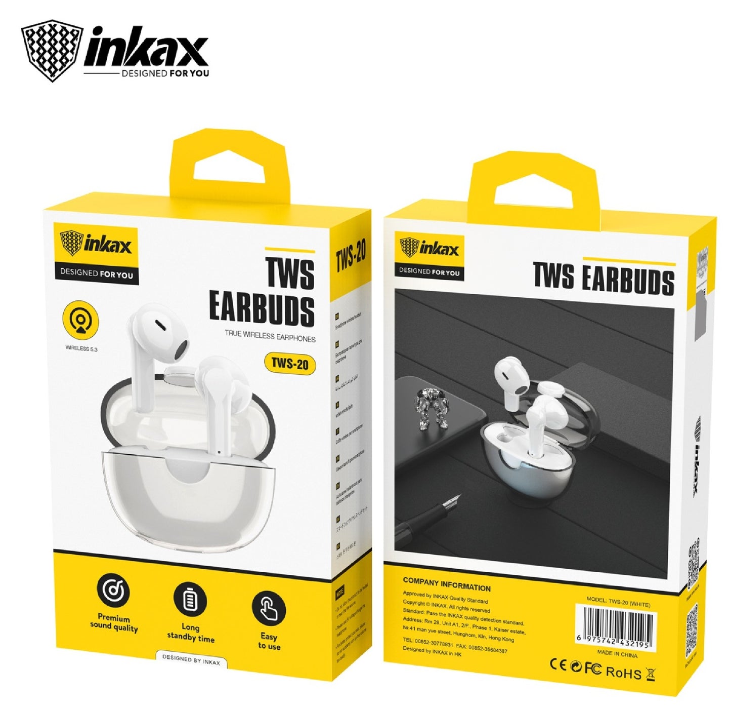 Inkax True Wireless Headset Earbuds - White