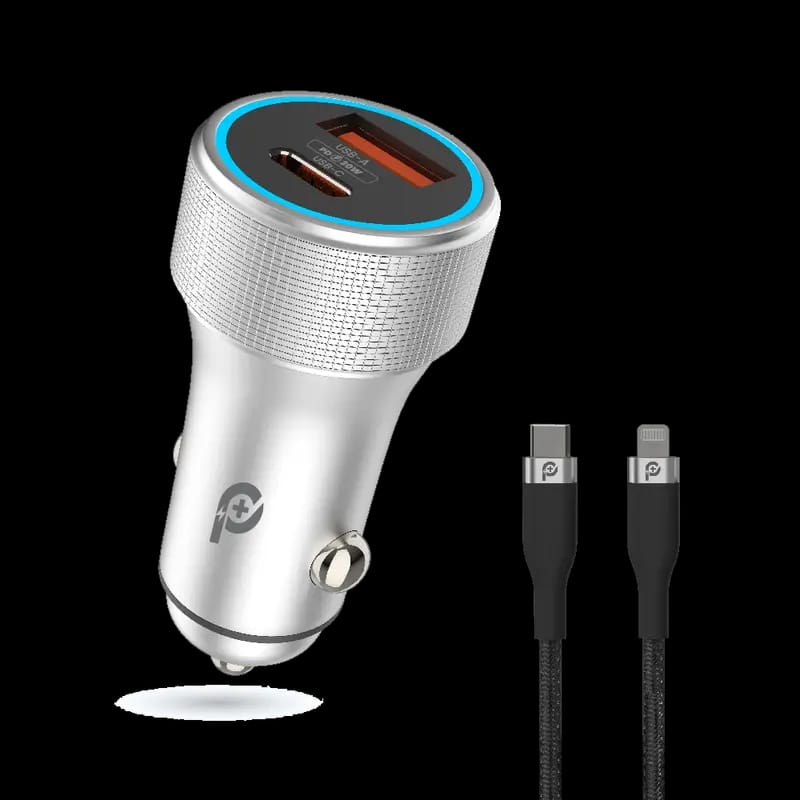 Powero+ Extreme Dual Port Car Charger with Type-C to Lightning Cable