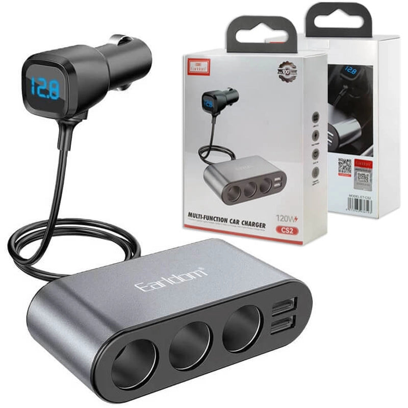 Earldom Dual USB charger 4 in 1 Socket Black Car Phone Charger Lighter 120W ET-CS2
