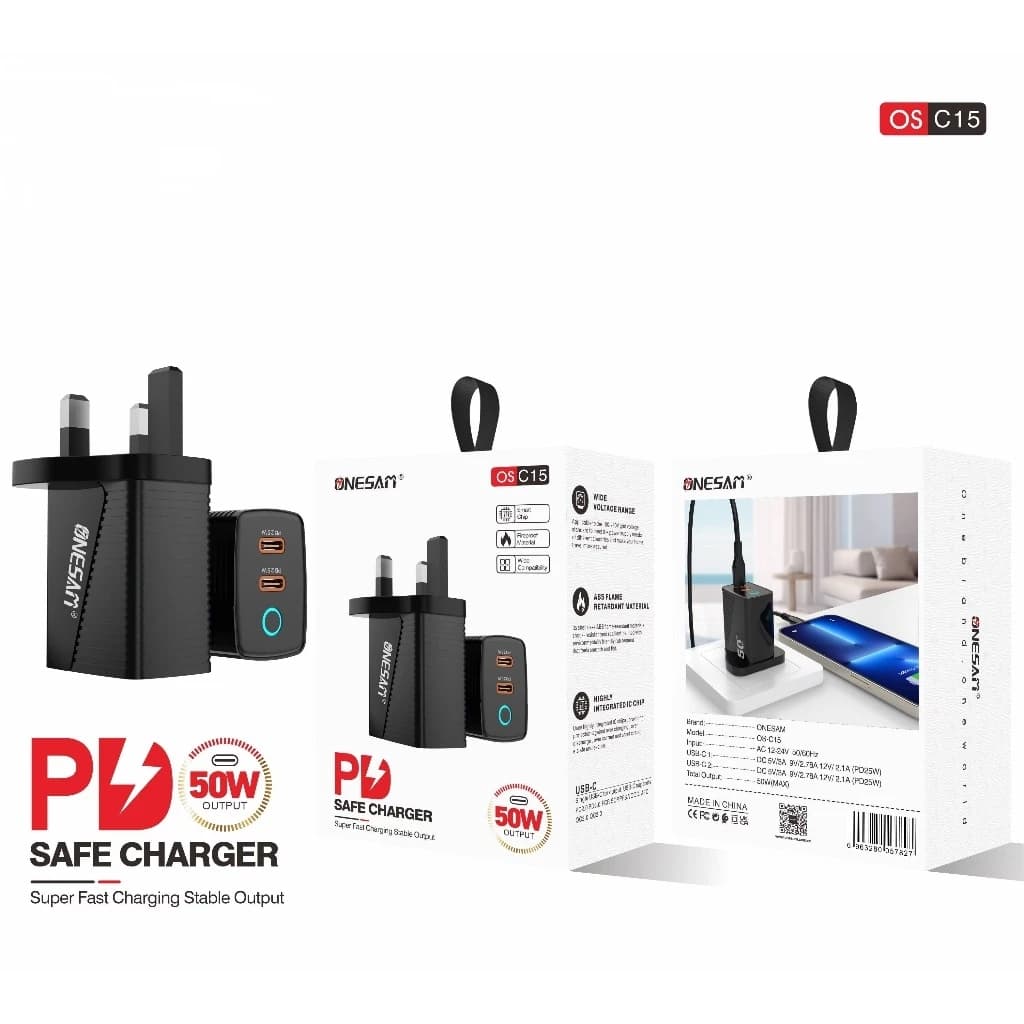Onesam 50W GaN Dual Type C Super Fast Charger OS-C15