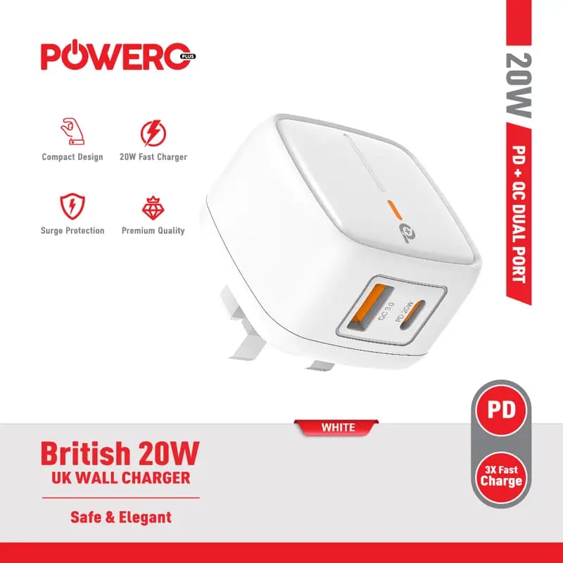 Powero+ British 20W Adapter with PD + QC Dual Port