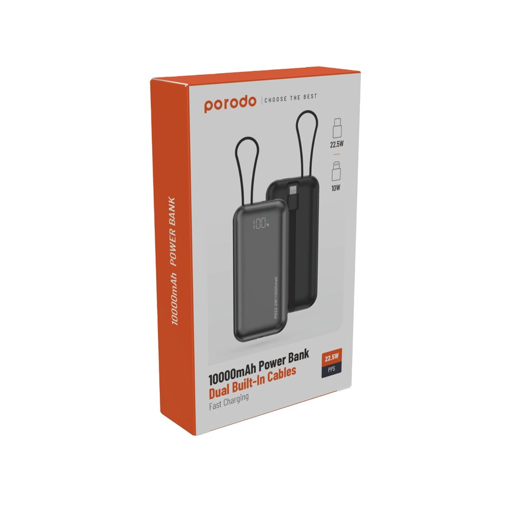 Porodo 10000mAh Power Bank Dual Built-In Cables Fast Charging