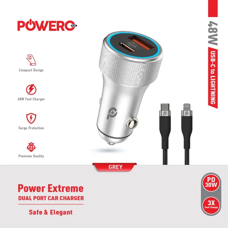 Powero+ Extreme Dual Port Car Charger with Type-C to Lightning Cable