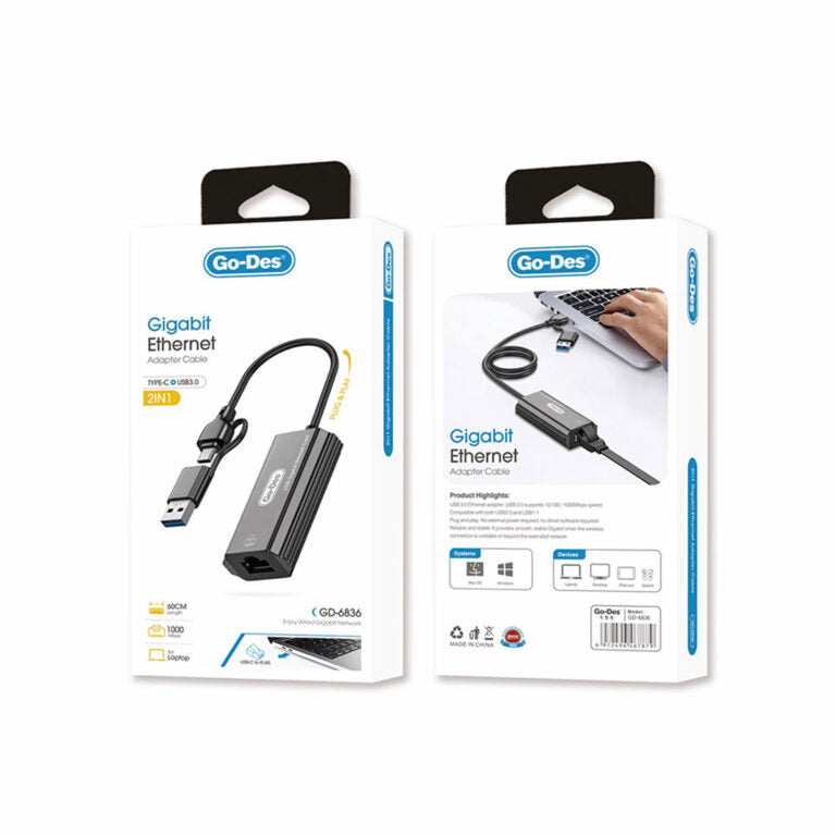 Go-Des GD-6836 Type-C and USB-A Gigabit Ethernet Converter Cable 1000Mbps