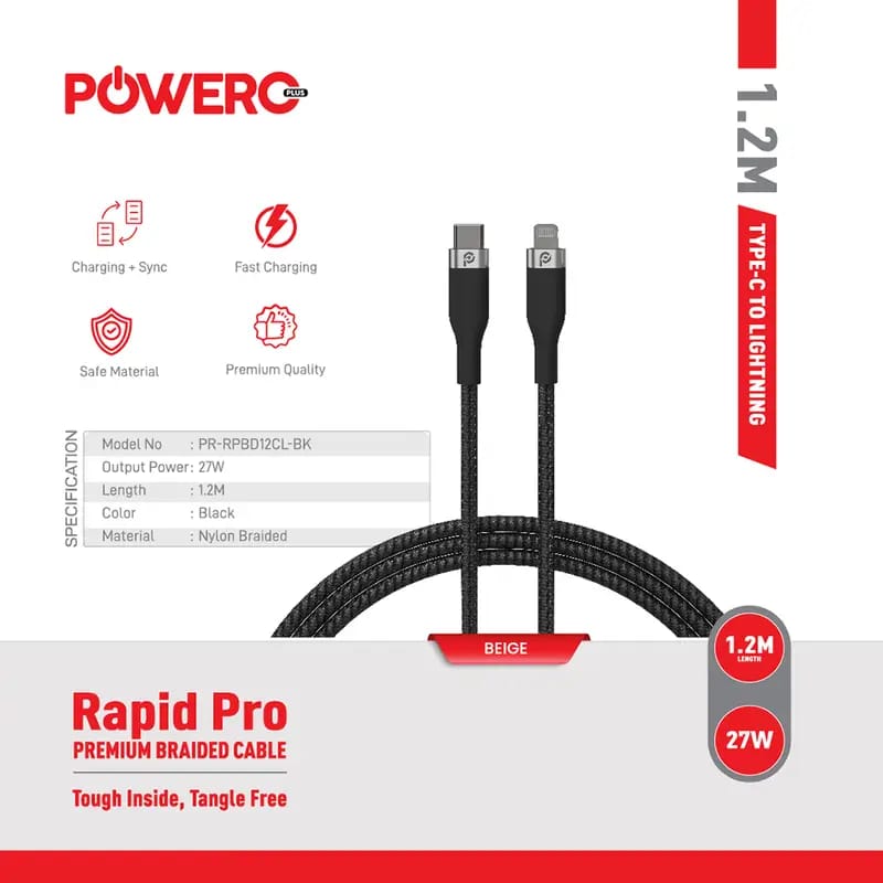 PowerO+ Rapid Pro Premium Braided Cable Type C to Lightning