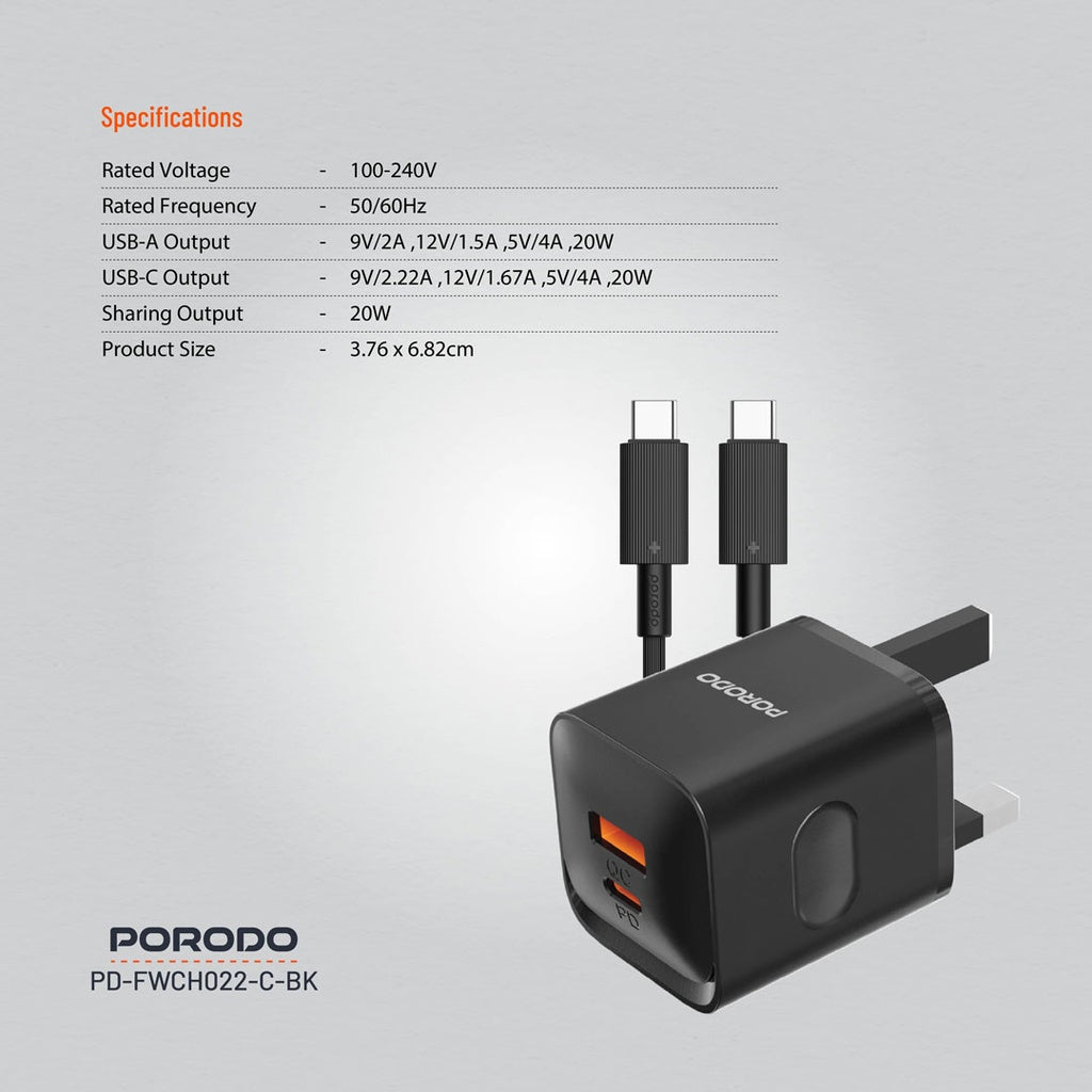 Porodo Dual port  Charger with Type-C to C Cable