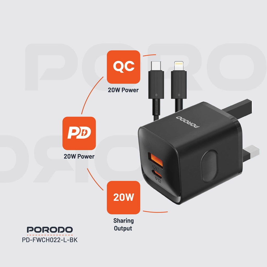 Porodo Dual port  Charger with Type-C to Lightning Cable