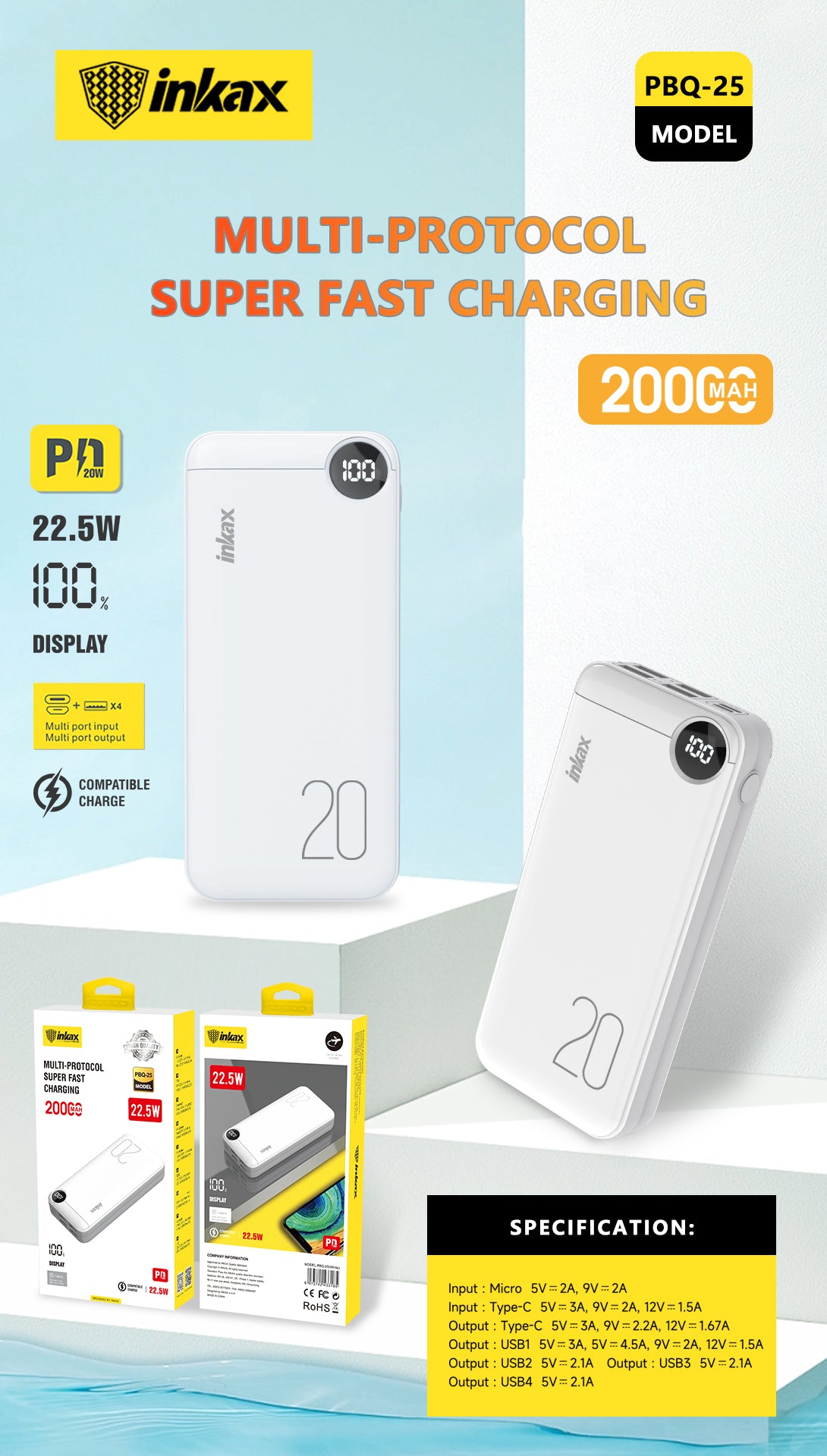 Inkax 20000mAh PD 22.5W PPS Fast Charge Power Bank - White