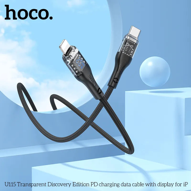 Hoco U115 Lightning to Type C PD 20W Transparent Data Cable With Display