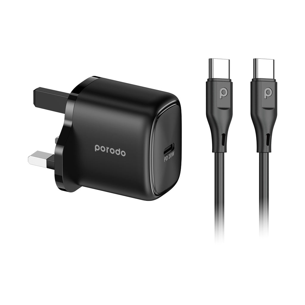 Porodo 20W Single USB C Charger With Type C to C Cable 1.2M - Black