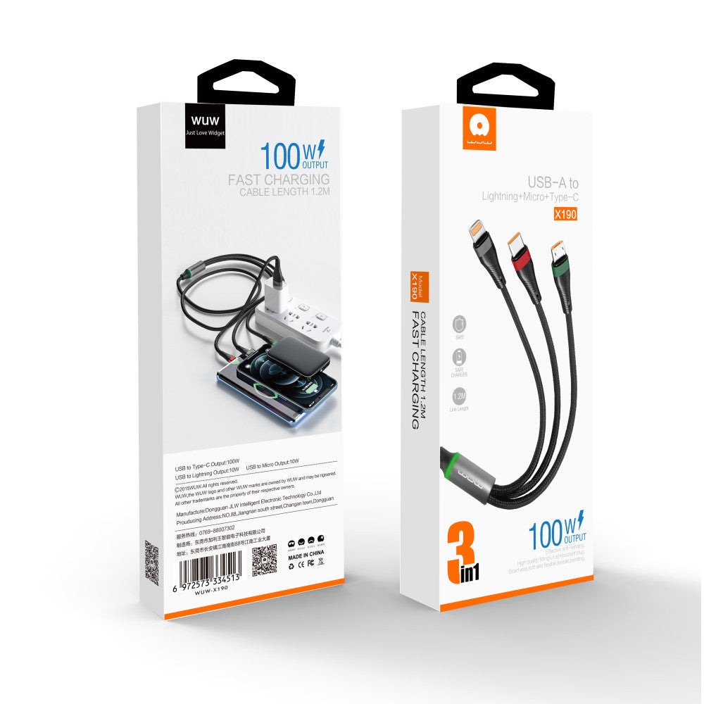 Wuw 3-in-1 Data Cable 1.2M 100W X190