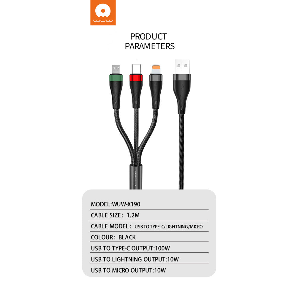 Wuw 3-in-1 Data Cable 1.2M 100W X190