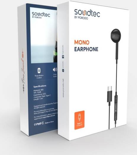 Porodo Soundtec Mono Earphone with Type-C Connector and 3-Button Controls