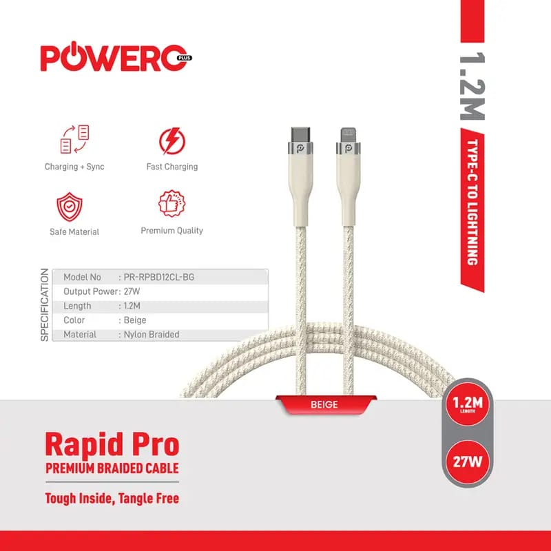 PowerO+ Rapid Pro Premium Braided Cable Type C to Lightning