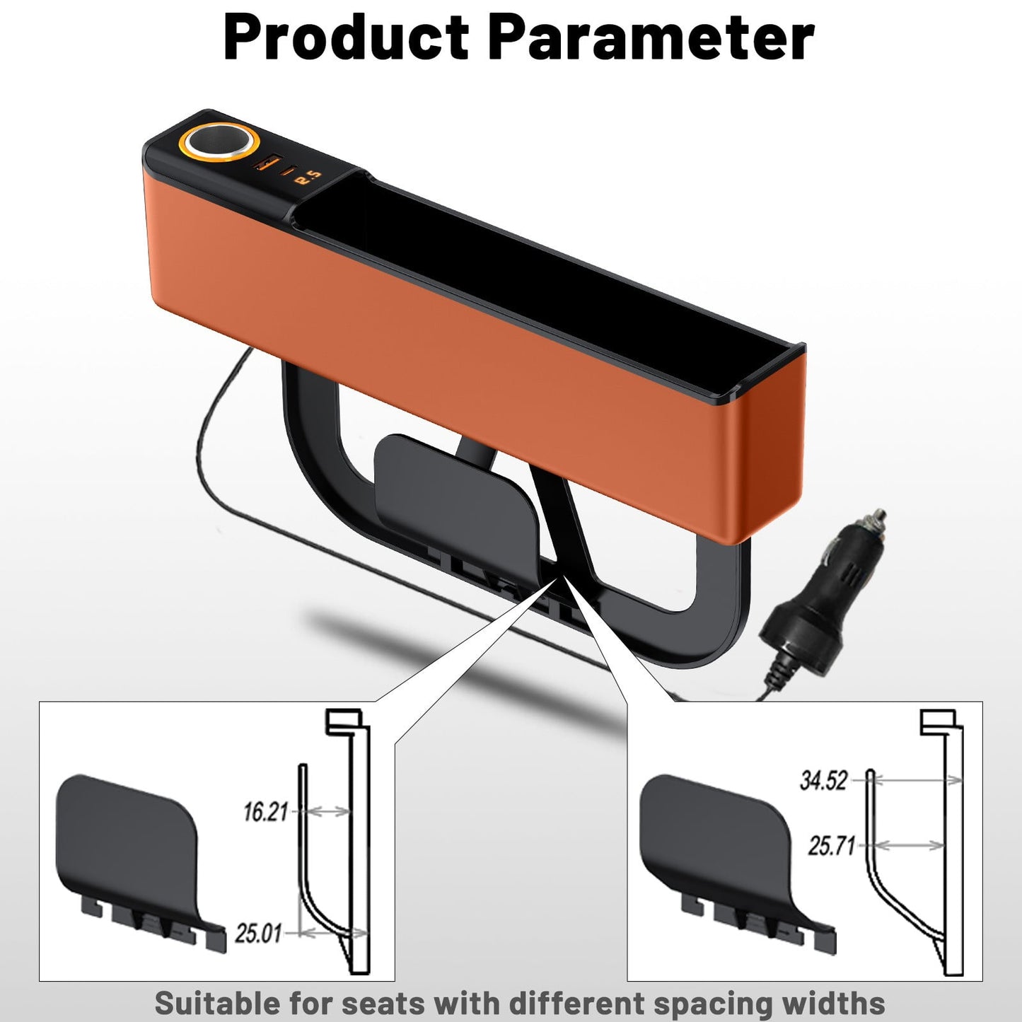 Car Seat Gap Filler with Charging Port (Support QC & PD) and Cigarettte lighter