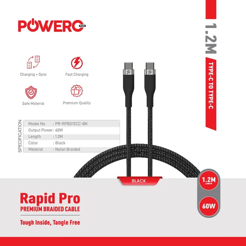 PowerO+ Rapid Pro Premium Braided Cable USB-C to USB-C 60W