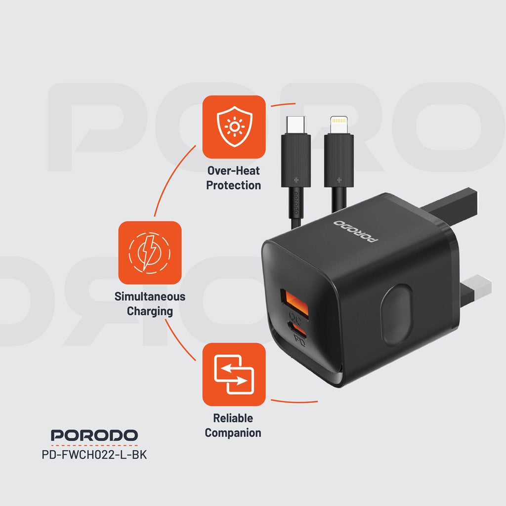 Porodo Dual port  Charger with Type-C to Lightning Cable