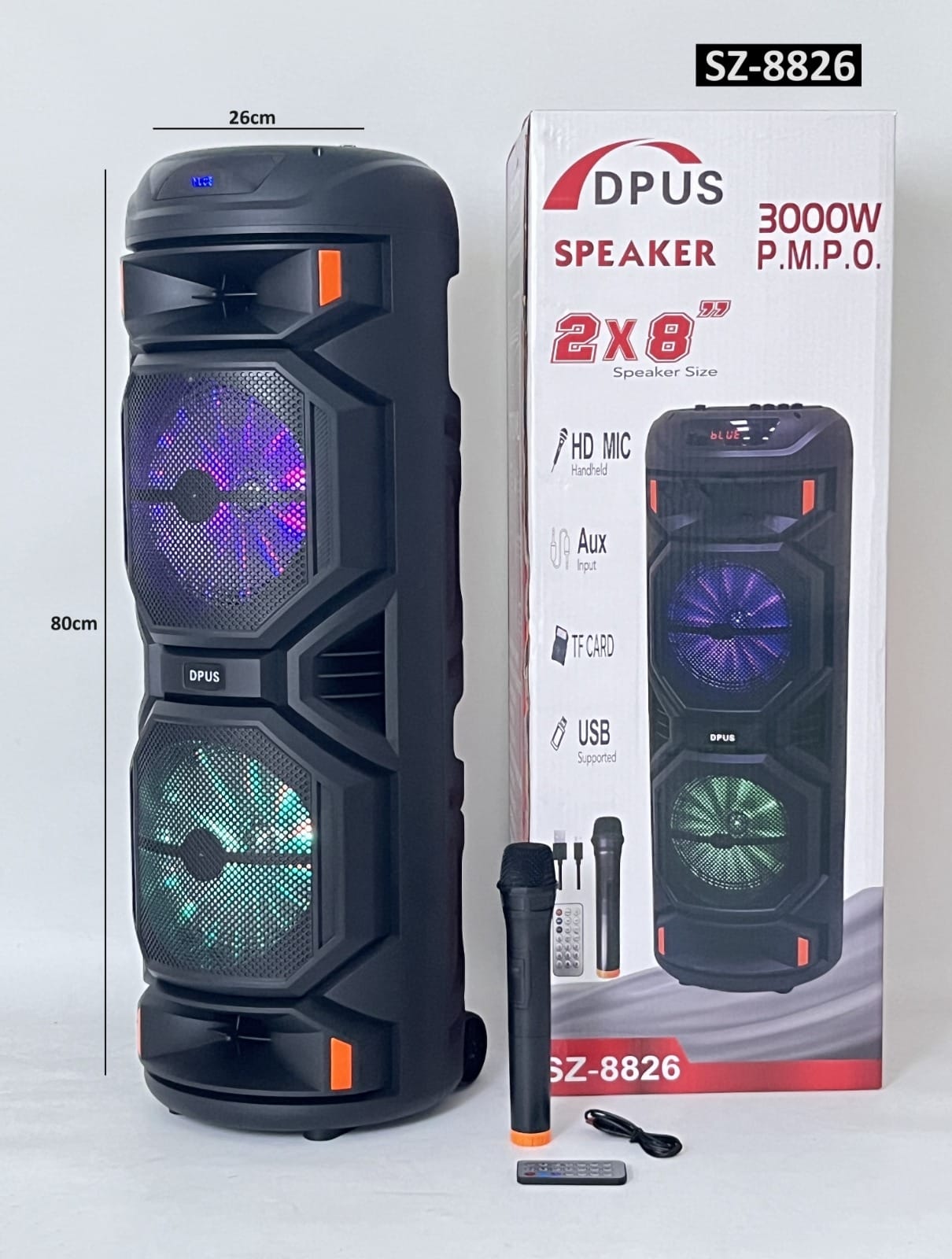 BT Speaker SZ-8826 LED LIGHTS+1 Wireless Mic 3000W