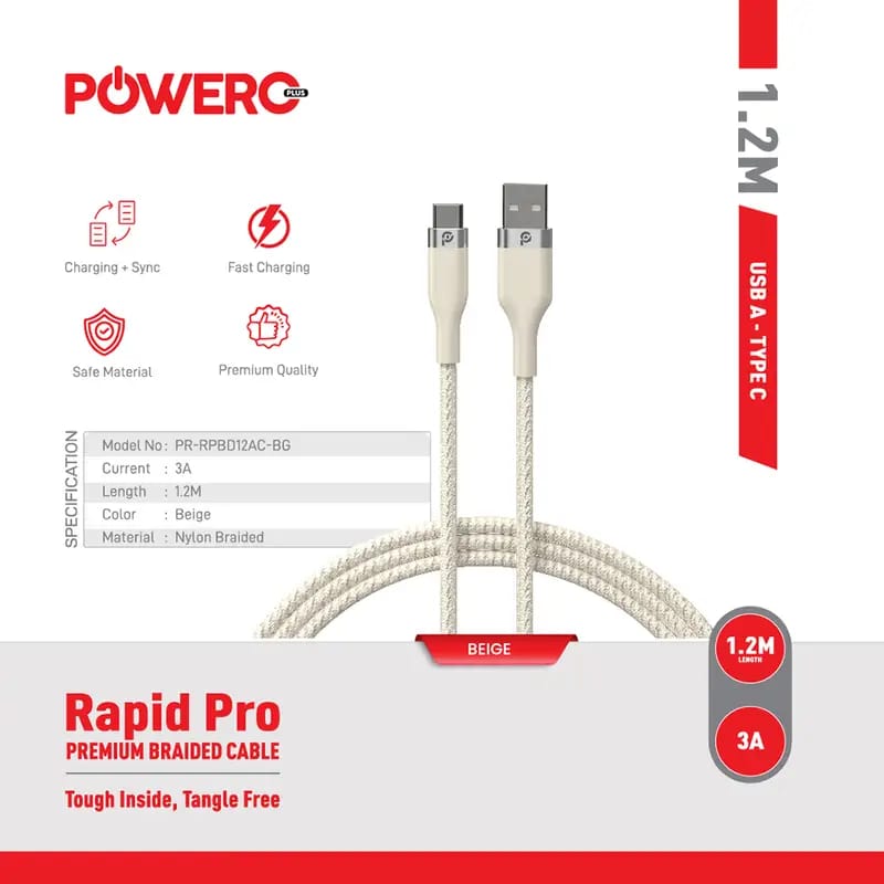 PowerO+ Rapid Pro Premium Braided Cable USB A to TYPE C