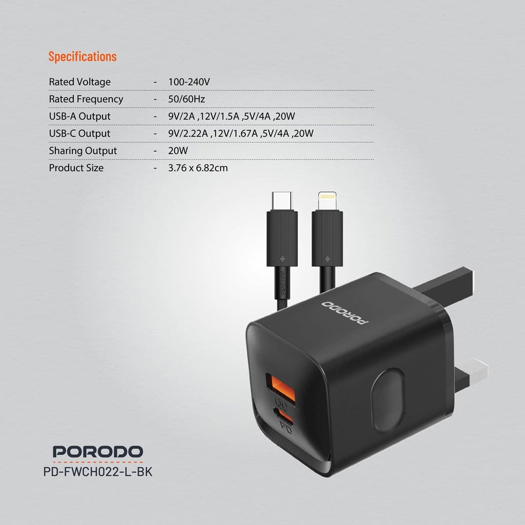 Porodo Dual port  Charger with Type-C to Lightning Cable