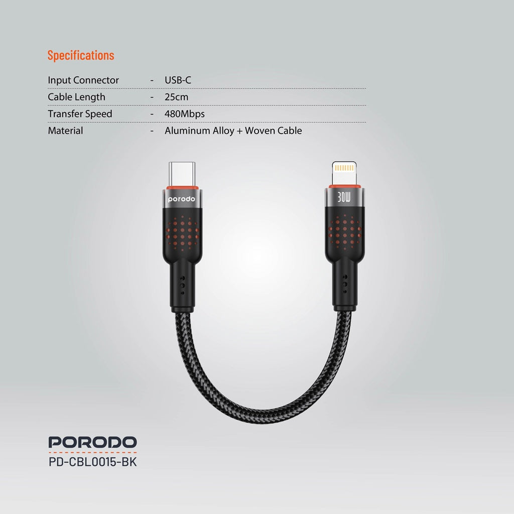 Porodo Braided Powerbank Cable USB-C to Lightning