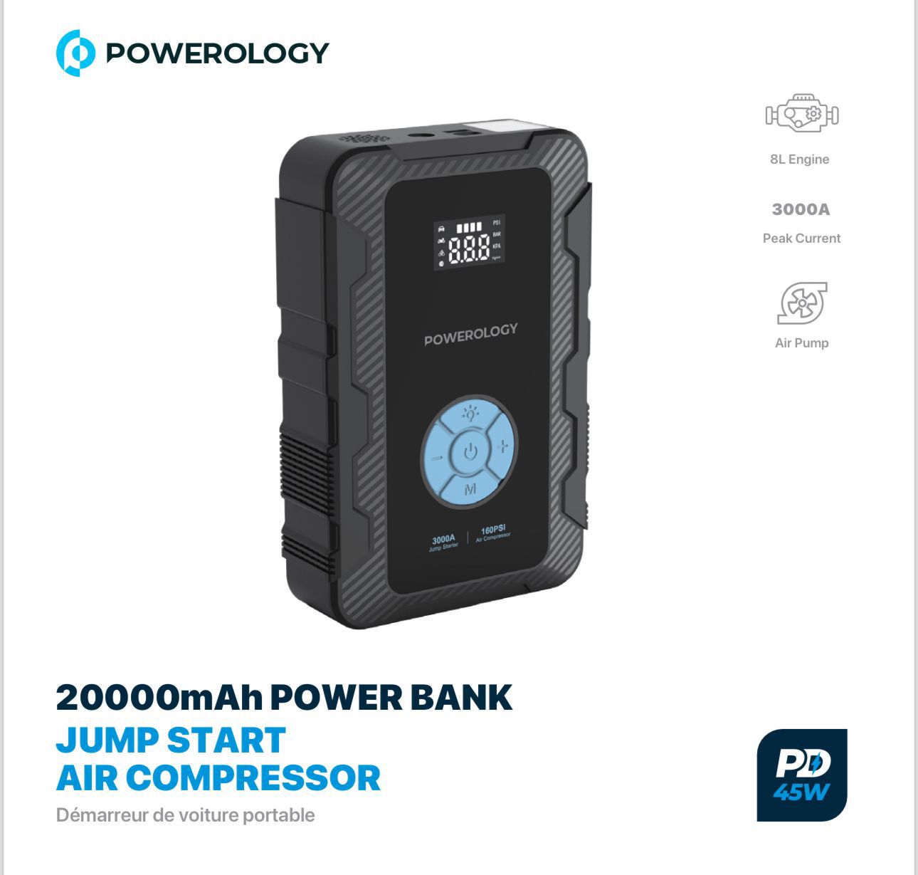 Powerology 20000mAh Power Bank Jump Start Air Compressor