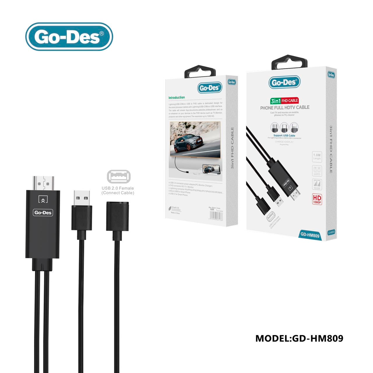 Go-Des GD-HM809 USB 3 in 1 HDMI Cable