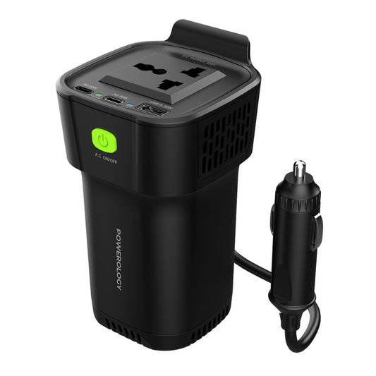 Powerology 150W Cup Holder Power Inverter USB-A , 2type-C , QC3.0