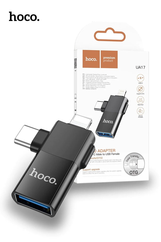 Hoco UA17 2-in-1 Lightning/Type-C Male to USB A 2.0 OTG Adapter