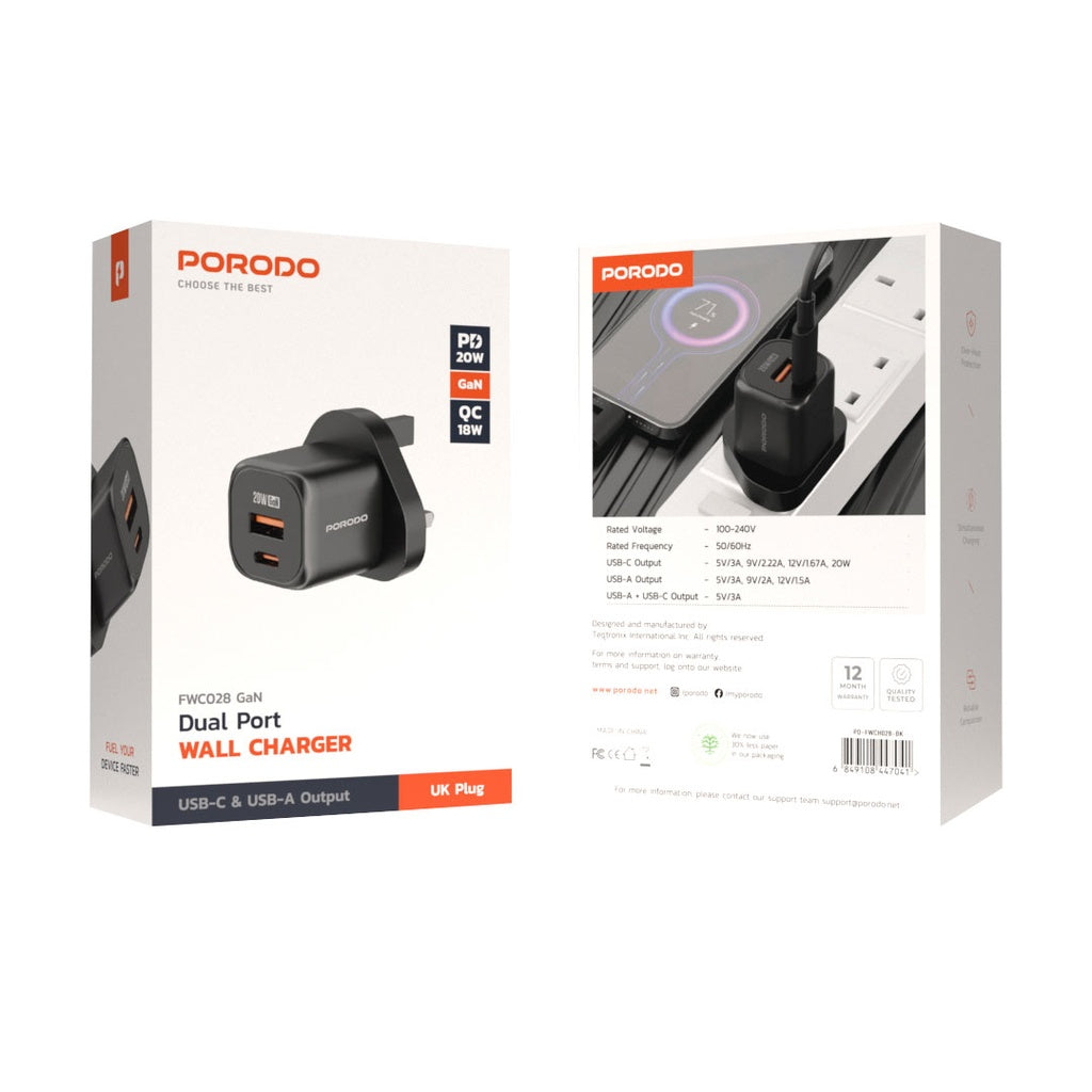 Porodo 20W GaN Dual Port Wall Charger