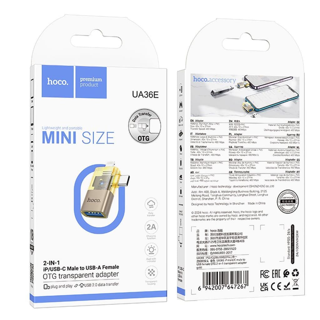 Hoco Mini Size 2 In 1 OTG Transperant Adapter UA36E