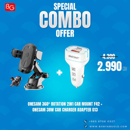 Onesam 360° Rotation 2in1 Car Mount F42 + Onesam 38W Car Charger Adapter G13