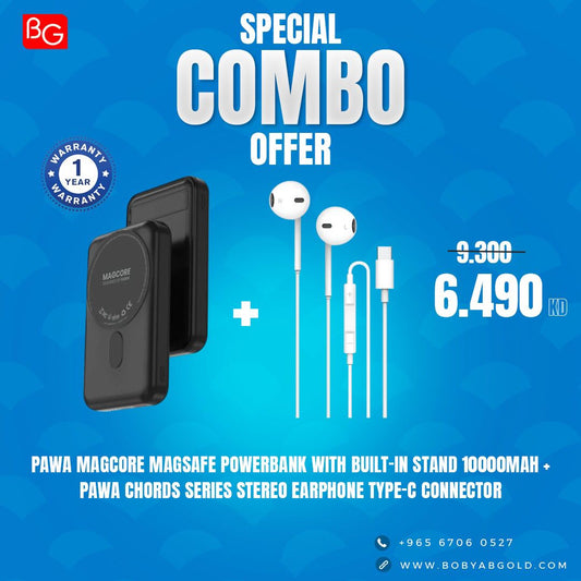 Pawa MagCore Magsafe Powerbank With Built-In Stand 10000mAh + PAWA Chords Series Stereo Earphone Type-C Connector
