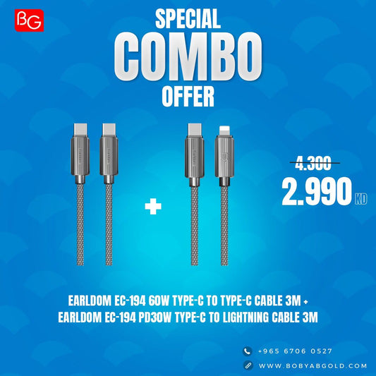 Earldom EC-194 60W Type-C to Type-C Cable 3M + Earldom EC-194 PD30W Type-C to Lightning Cable 3M