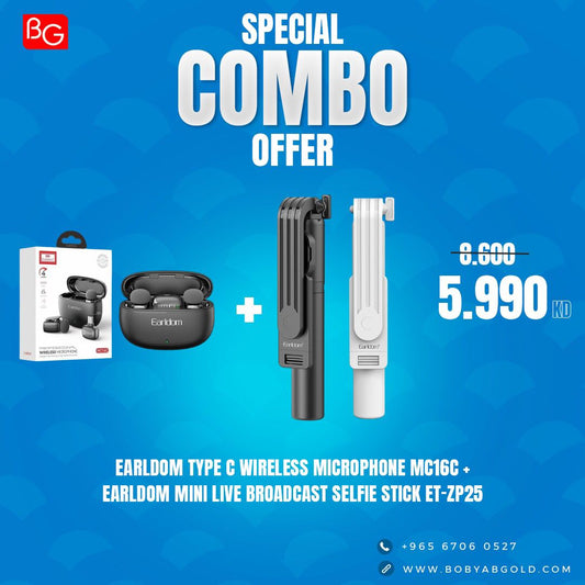 Earldom Type C Wireless Microphone MC16C + Earldom Mini Live Broadcast Selfie Stick ET-ZP25