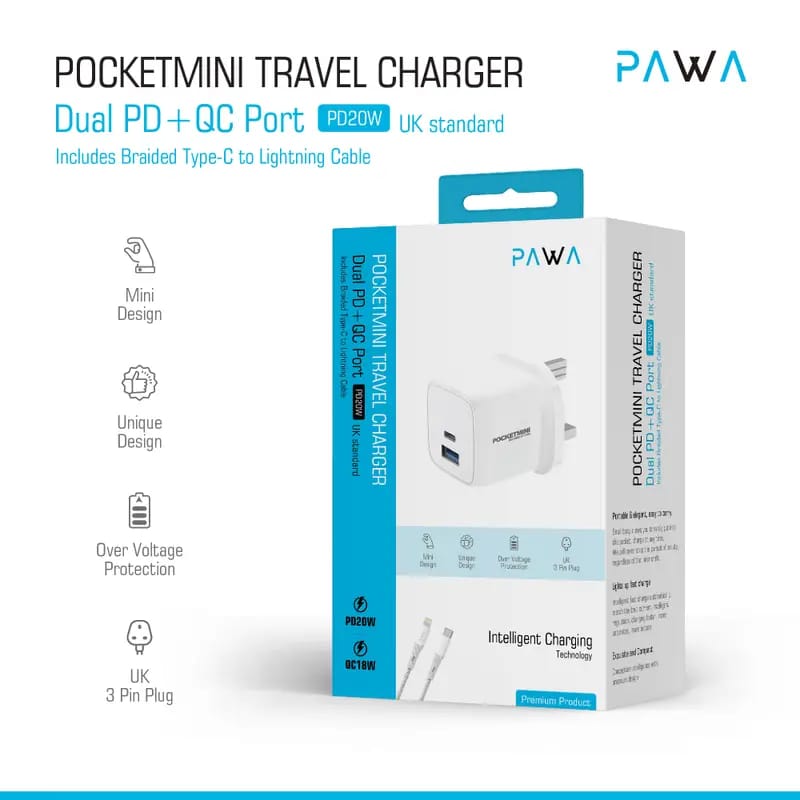 Pawa PocketMini Travel Charger Dual PD + QC Port 20W With Type-C to Lightning Cable