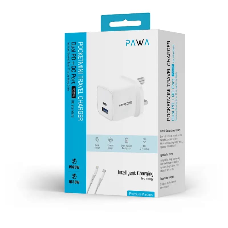 Pawa PocketMini Travel Charger Dual PD + QC Port 20W With Type-C to Lightning Cable