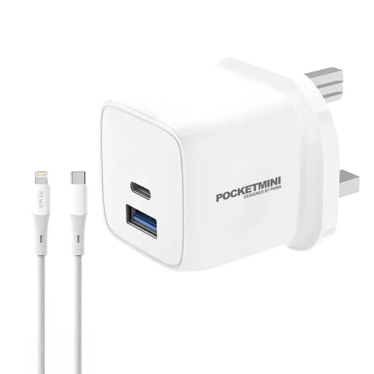 Pawa PocketMini Travel Charger Dual PD + QC Port 20W With Type-C to Lightning Cable