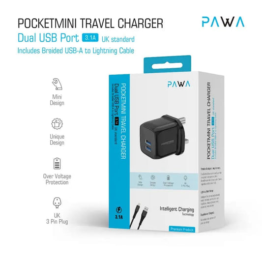 Pawa PocketMini Travel Charger Dual USB with Lightning Cable