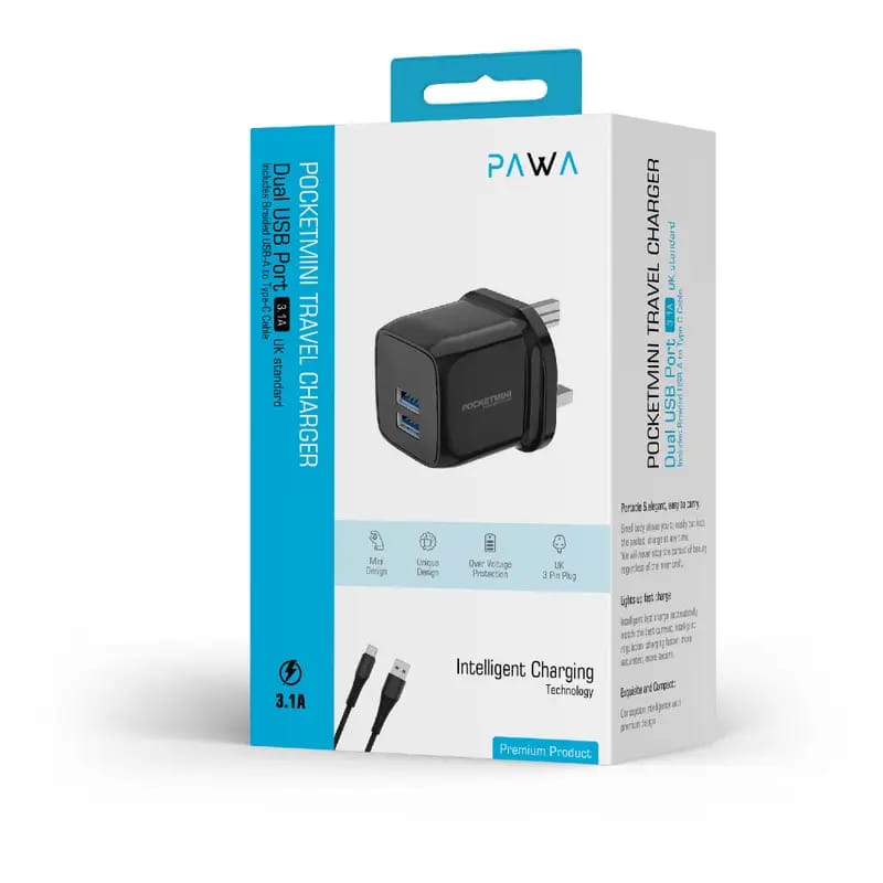 Pawa PocketMini Travel Charger Dual USB with Type-C Cable