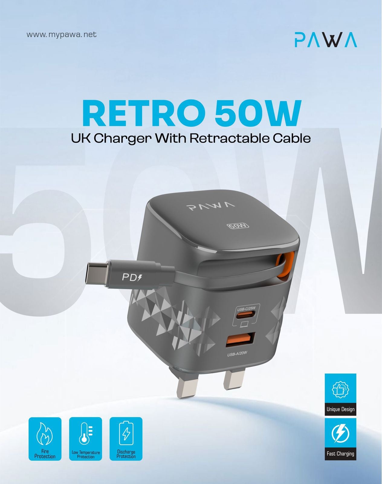 Pawa Retro 50W UK Charger With Retractable Cable