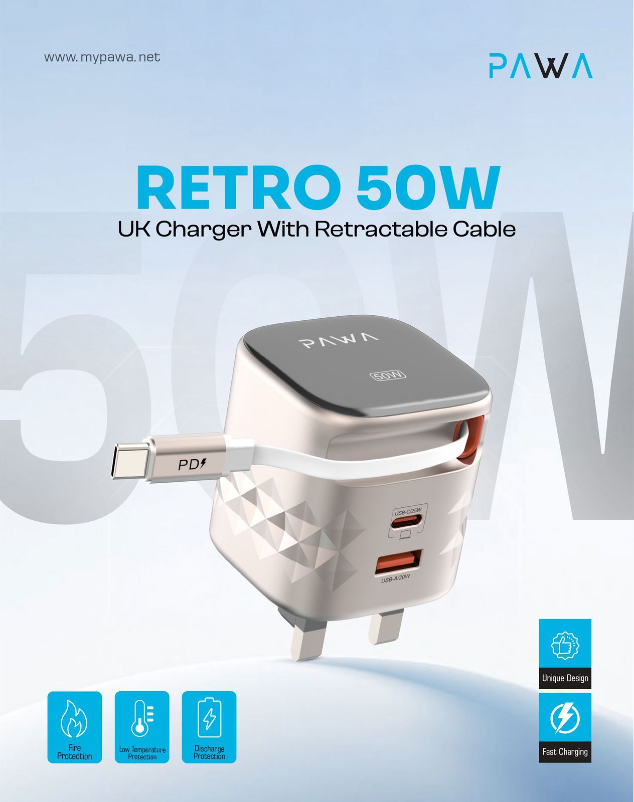 Pawa Retro 50W UK Charger With Retractable Cable