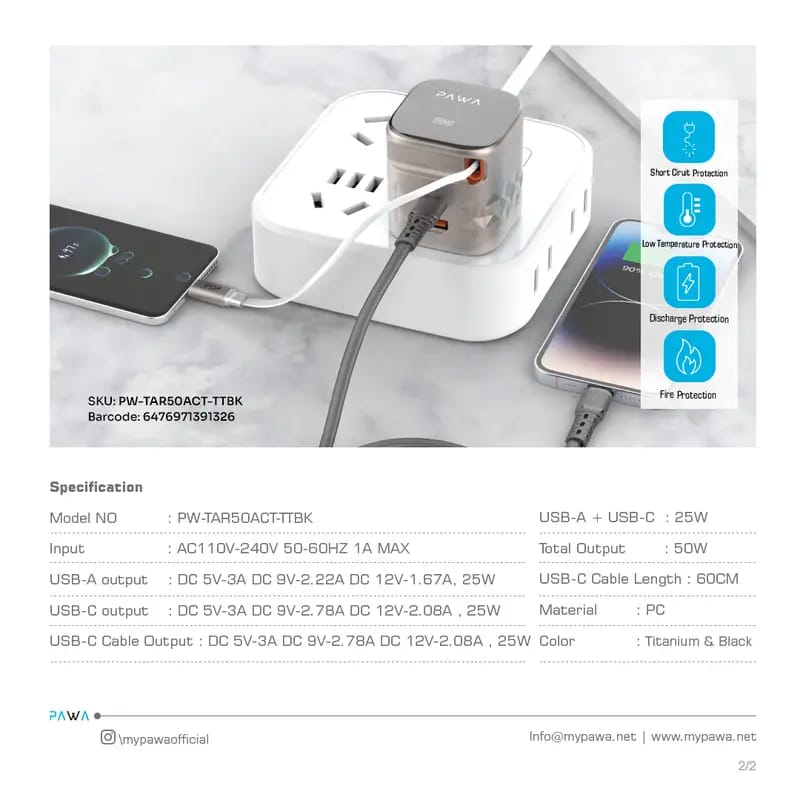 Pawa Retro 50W UK Charger With Retractable Cable
