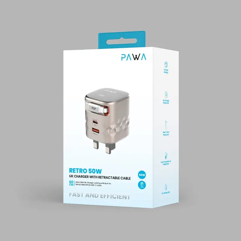 Pawa Retro 50W UK Charger With Retractable Cable